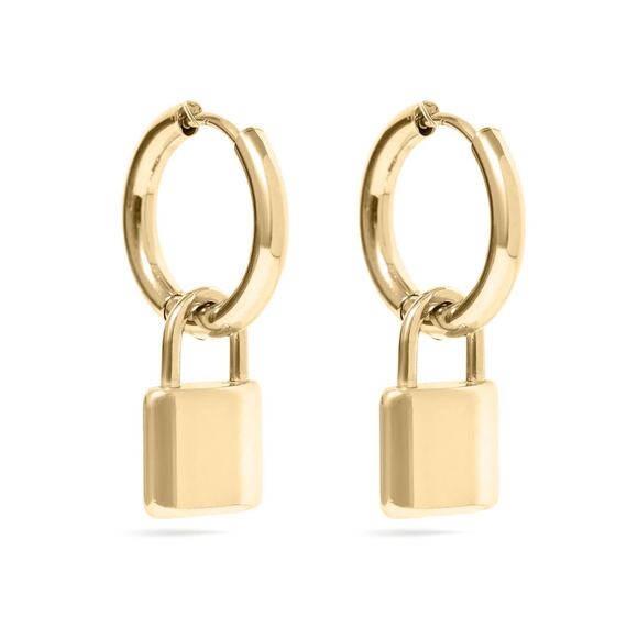 Lock Earrings Stainless Steel Padlock Pendant Hoop - Gold - NIP - Picture 1 of 3